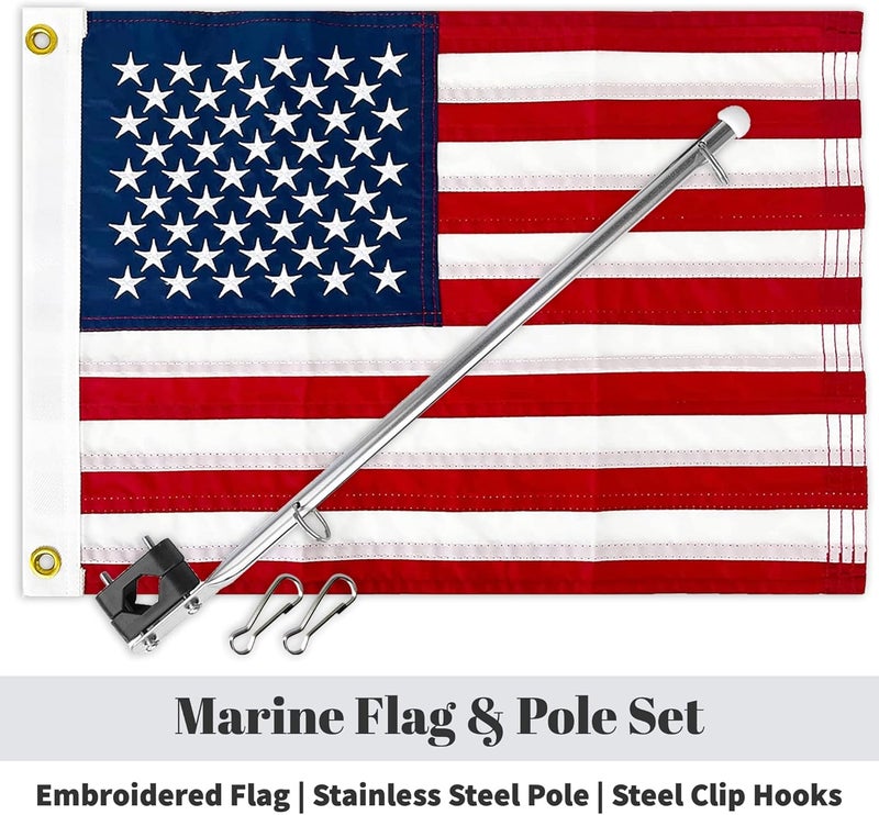 WATSY Boat Flag Pole Kit – 12x18 Embroidered USA Flag + Stainless Pole & Clips | Marine-Grade, High Wind-Resistant, for Pontoon, Yacht, Deck Mount (USA Kit 12x18 Inch) - Image 2